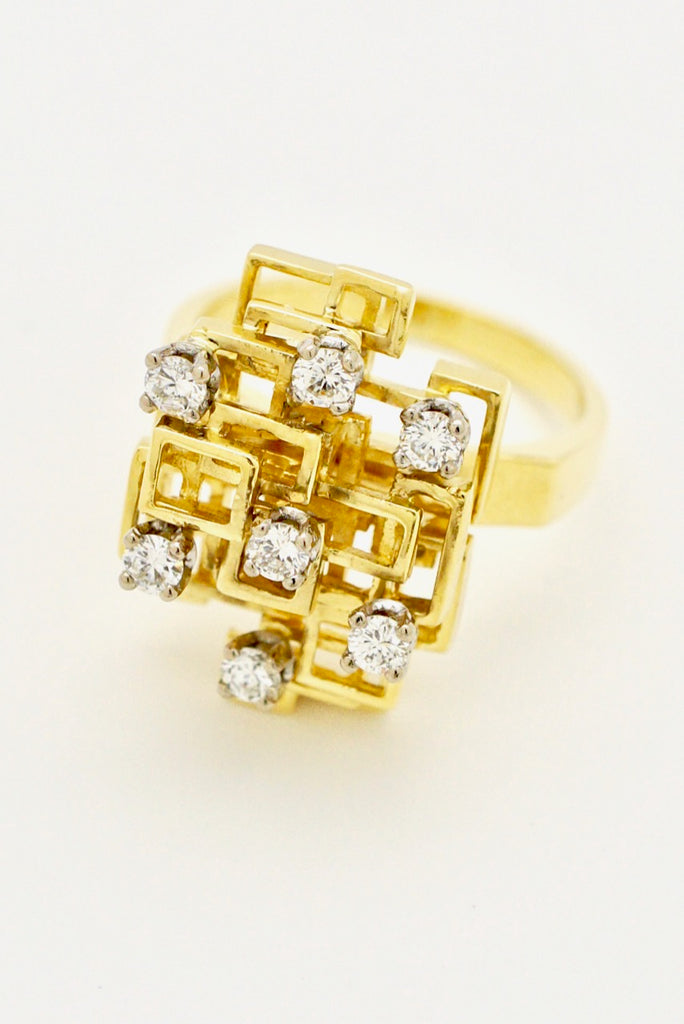 Vintage 18k Yellow Gold Diamond Brutalist Ring