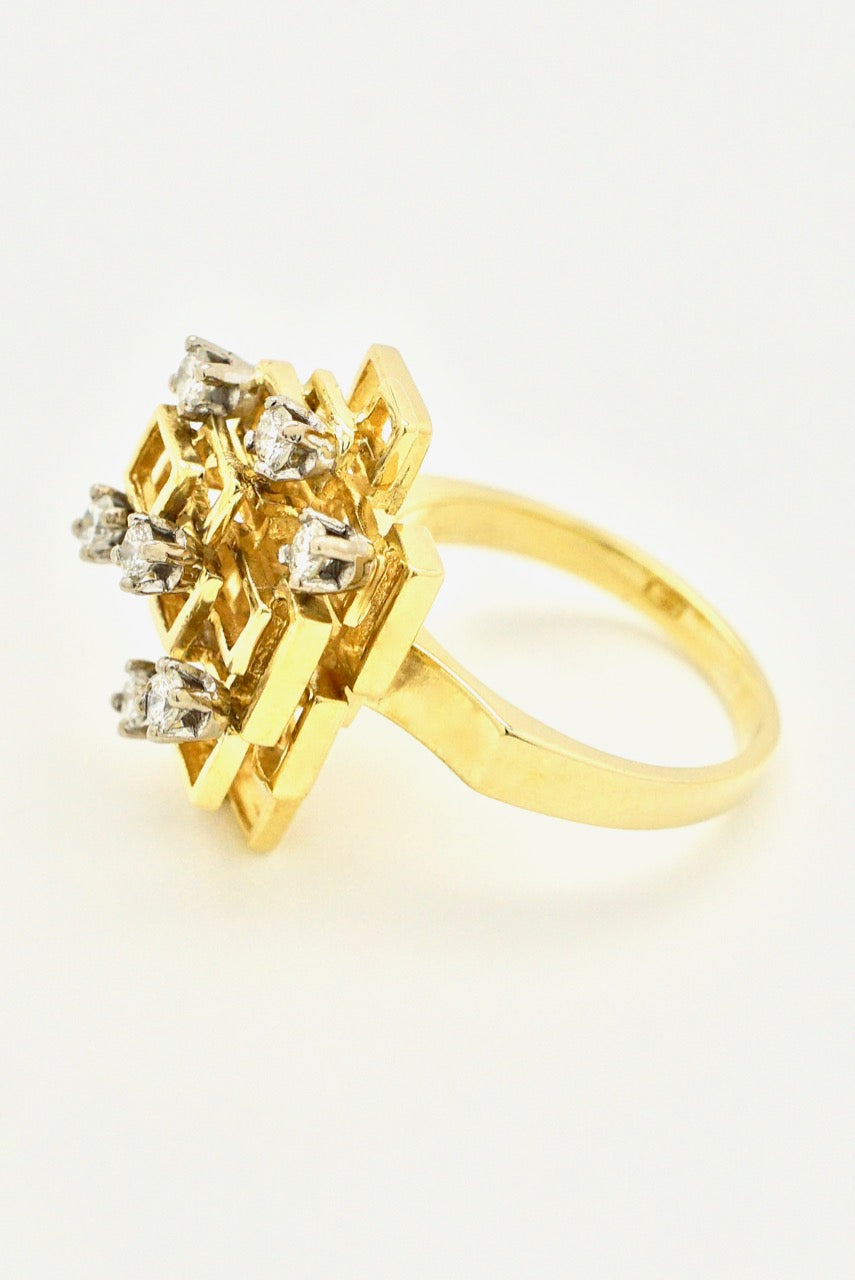 Vintage 18k Yellow Gold Diamond Brutalist Ring