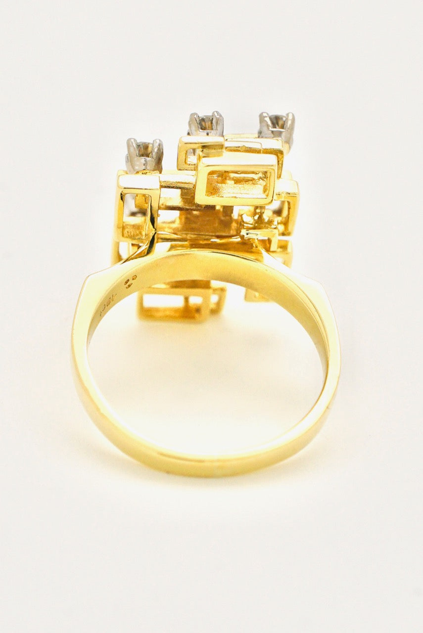 Vintage 18k Yellow Gold Diamond Brutalist Ring