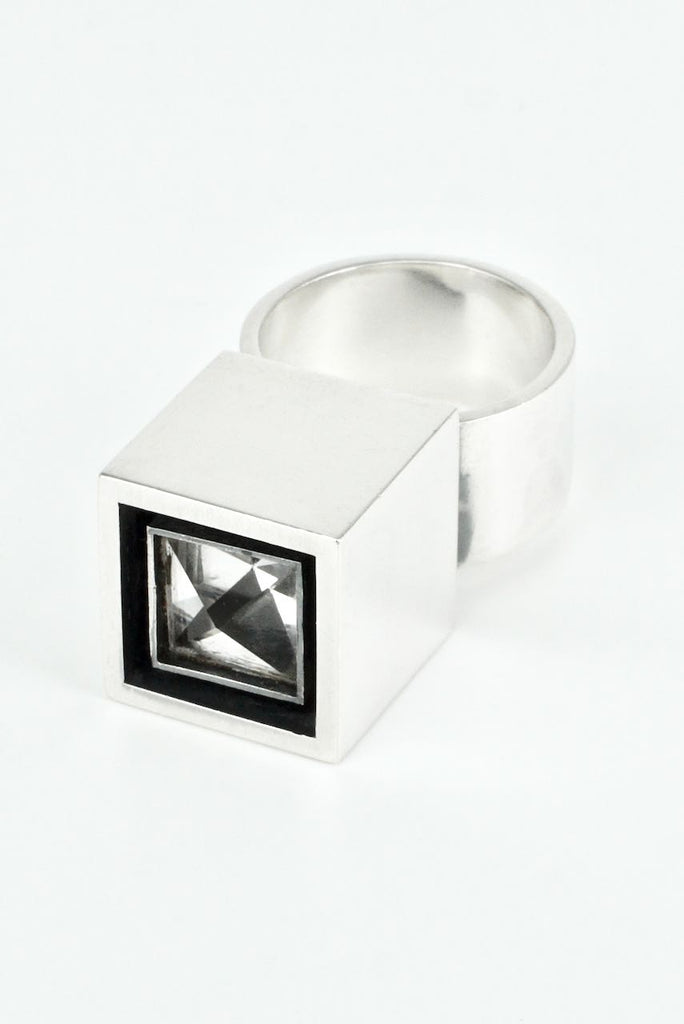 Vintage Hans Hansen Sterling Silver and Rock Crystal Box Ring 1970s