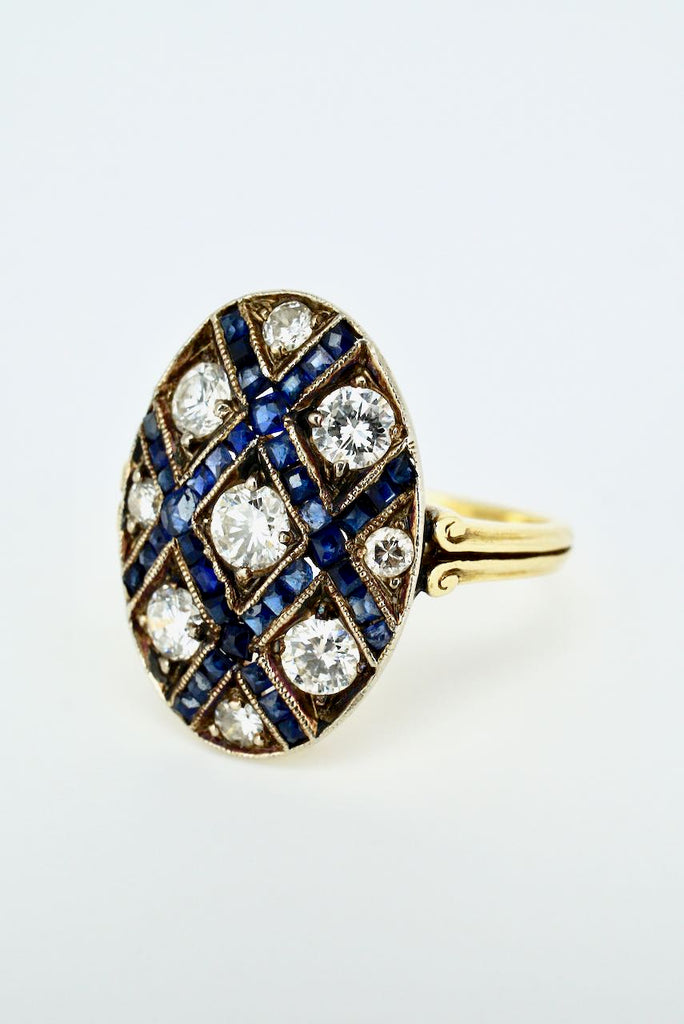 Vintage Art Deco 18k Yellow Gold Diamond Sapphire Lattice Ring