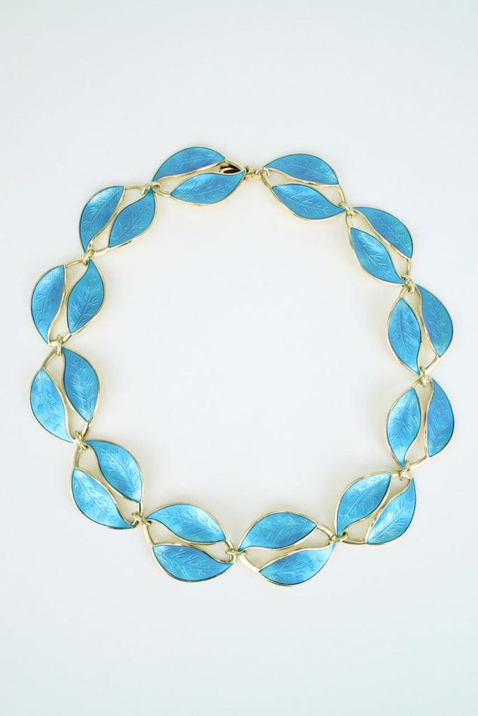 Vintage David Andersen Silver Gilt Sky Blue Enamel Double Leaf Necklace 1950s