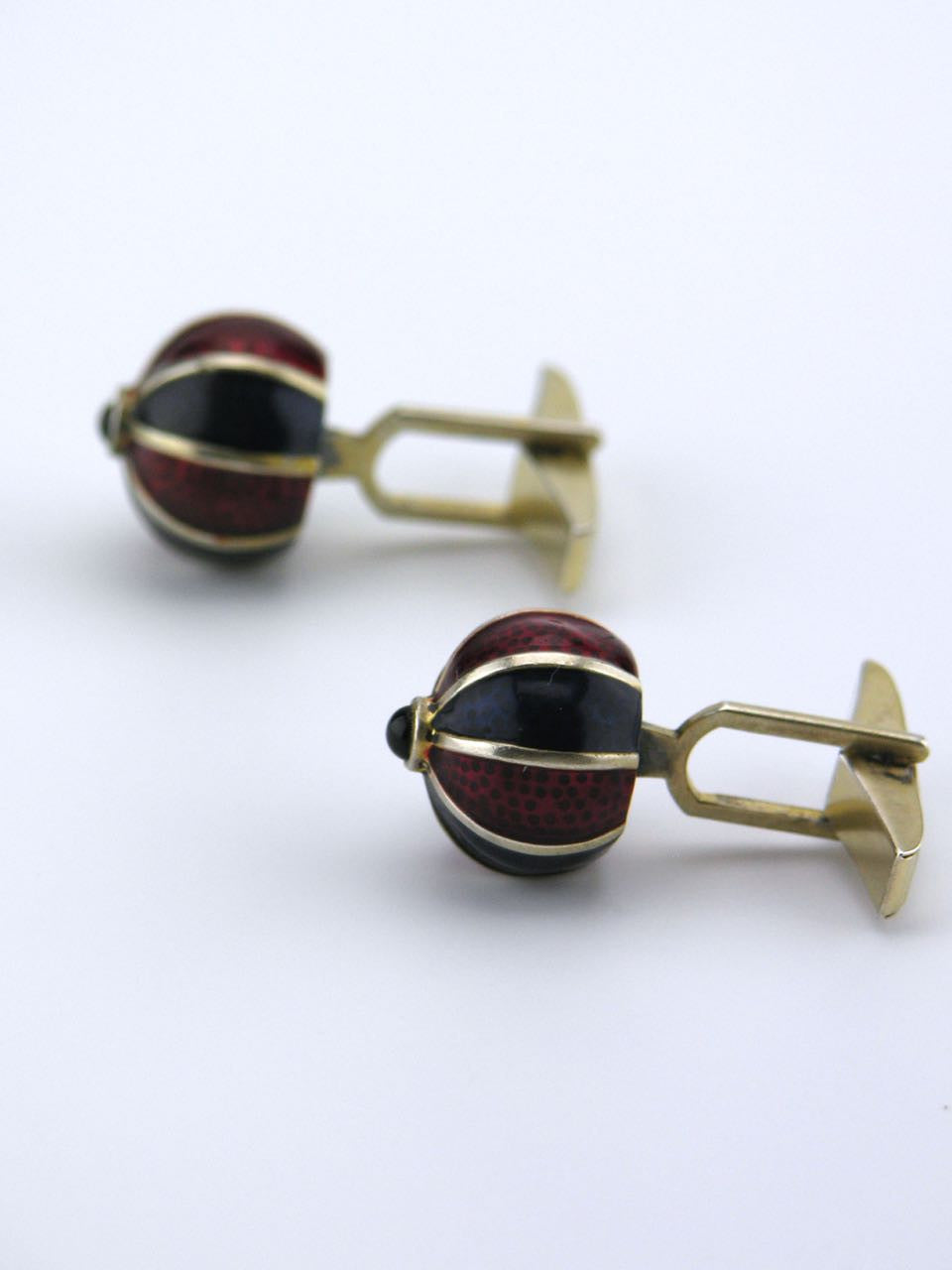 Vintage American Solid Silver Red and Blue Enamel Gilt Ball Cufflinks