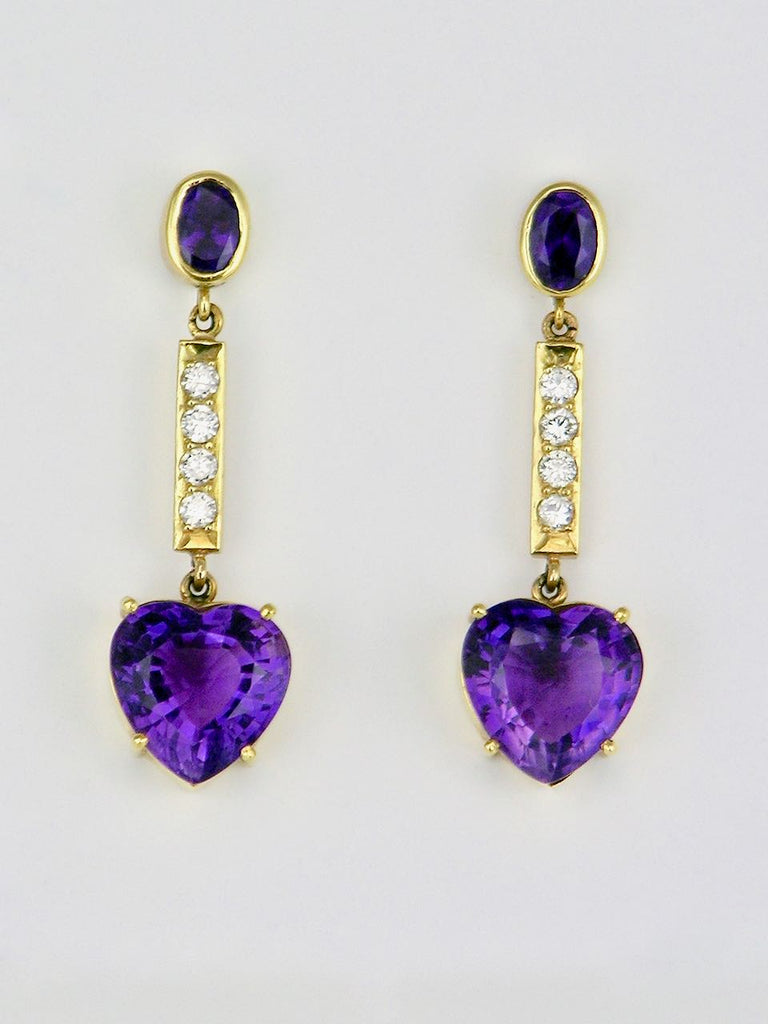 Vintage 18k Yellow Gold Purple Amethyst Heart and Diamond Drop Earrings